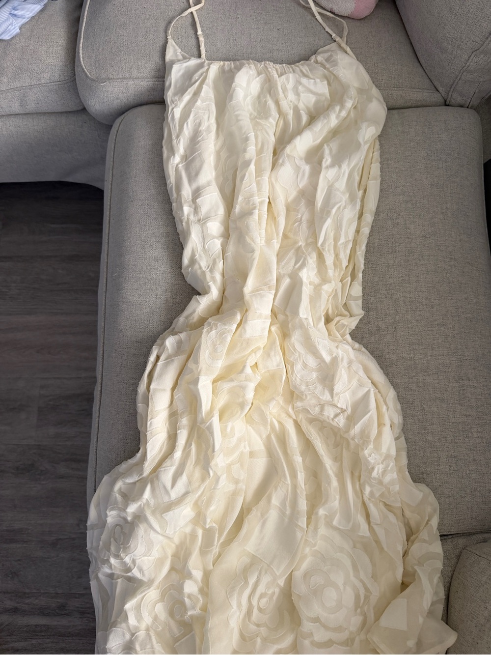 High-Low Floral Textured Slip Dress in Cream